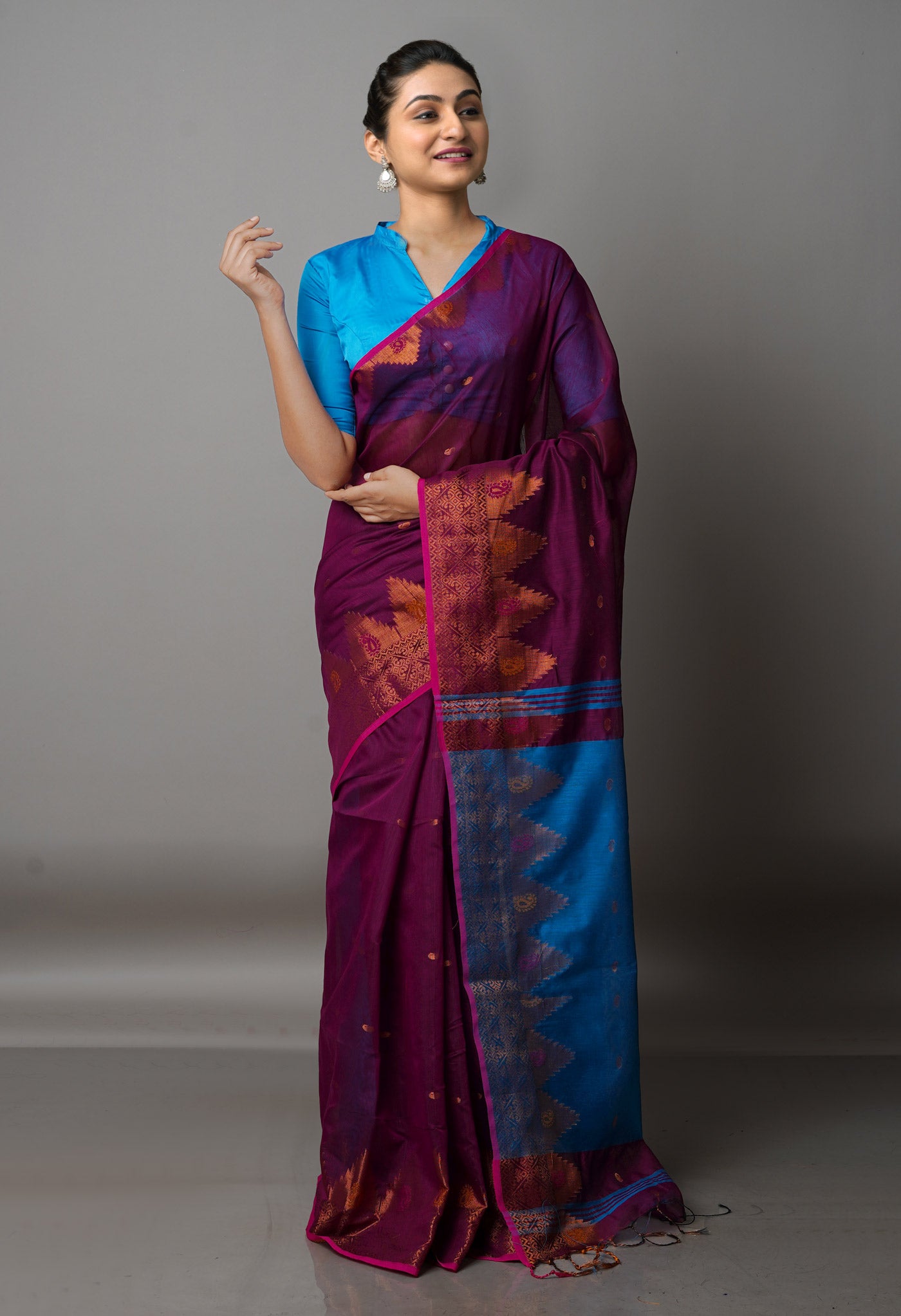 Purple Handloom Jamdhani Bengal Sico Saree-UNM68312