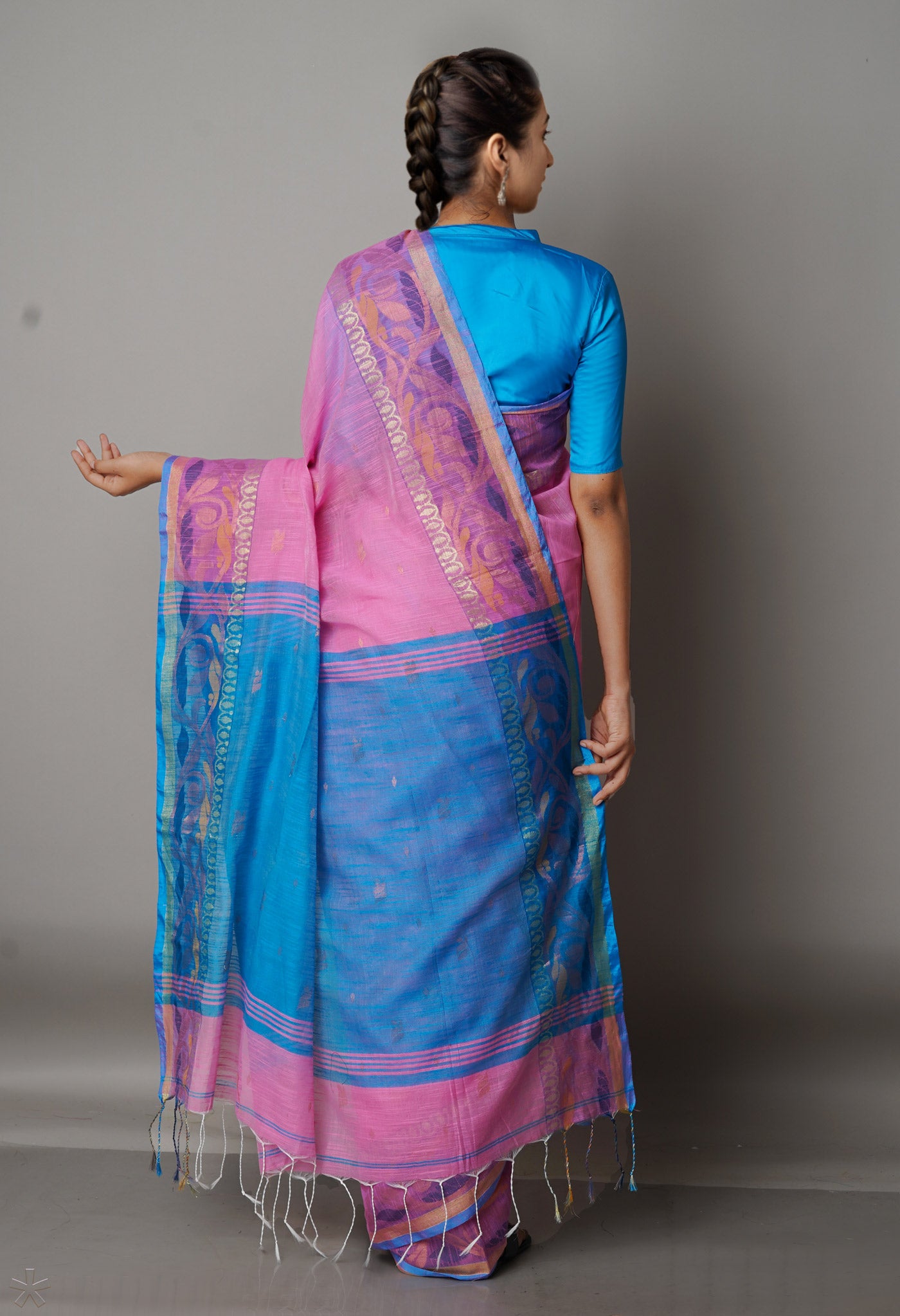 Baby Pink-Blue Handloom Jamdhani Bengal Sico Saree-UNM68319