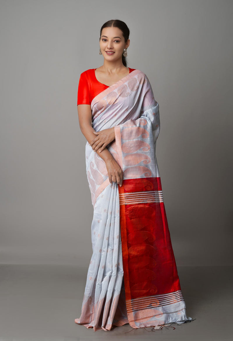 Light Grey Handloom Jamdhani Bengal Sico Saree-UNM68342