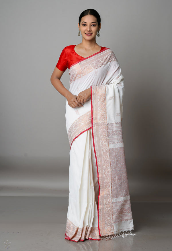 White Handloom Jamdhani Bengal Cotton Saree-UNM68370