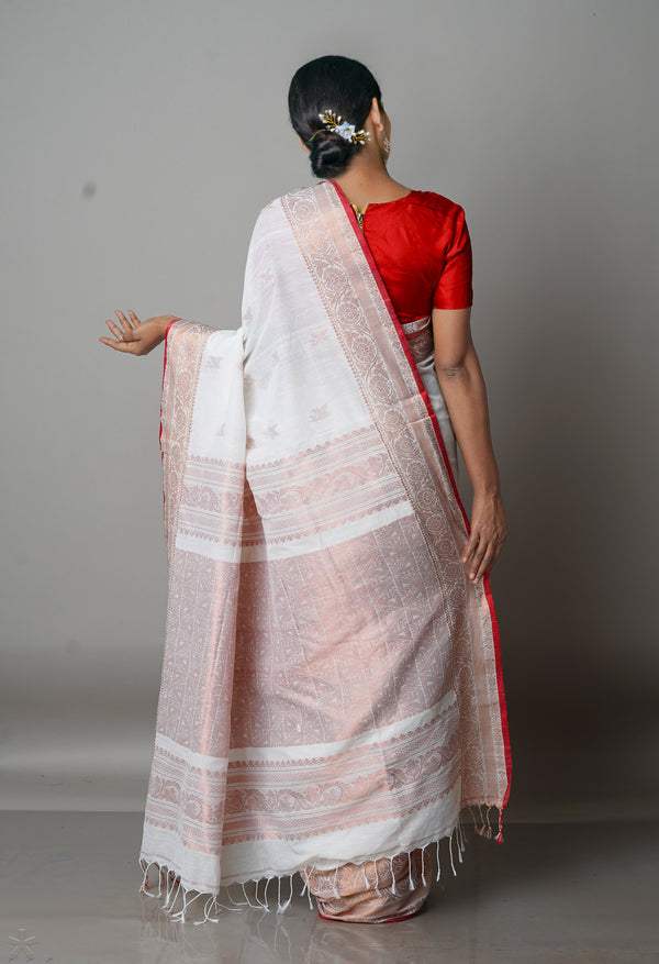 White Handloom Jamdhani Bengal Cotton Saree-UNM68370