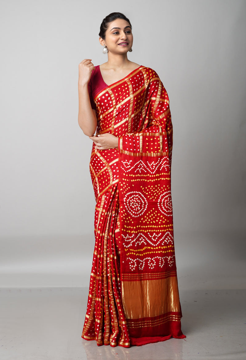 Maroon  Bandhani Crushed Silk Saree-UNM68387
