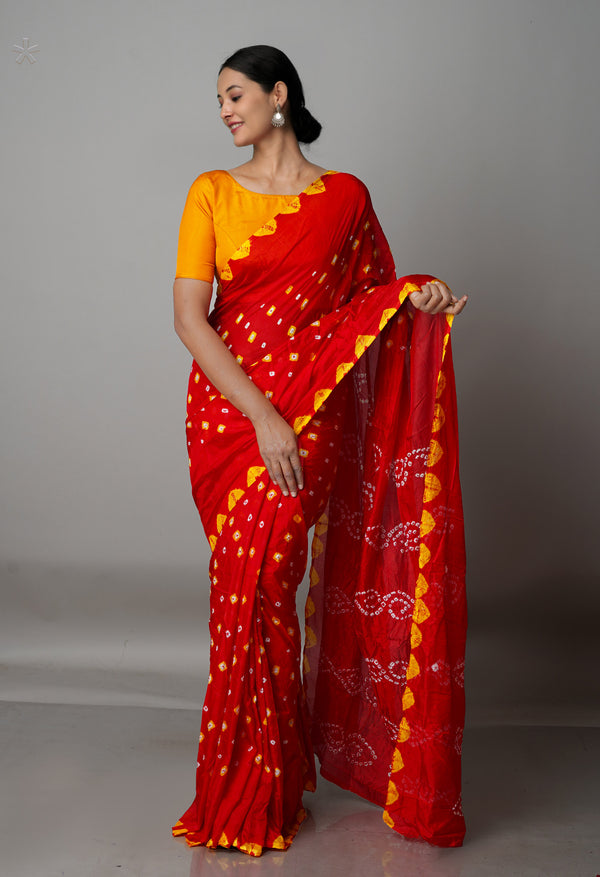 Red  Bandhani Soft Silk Saree-UNM68392