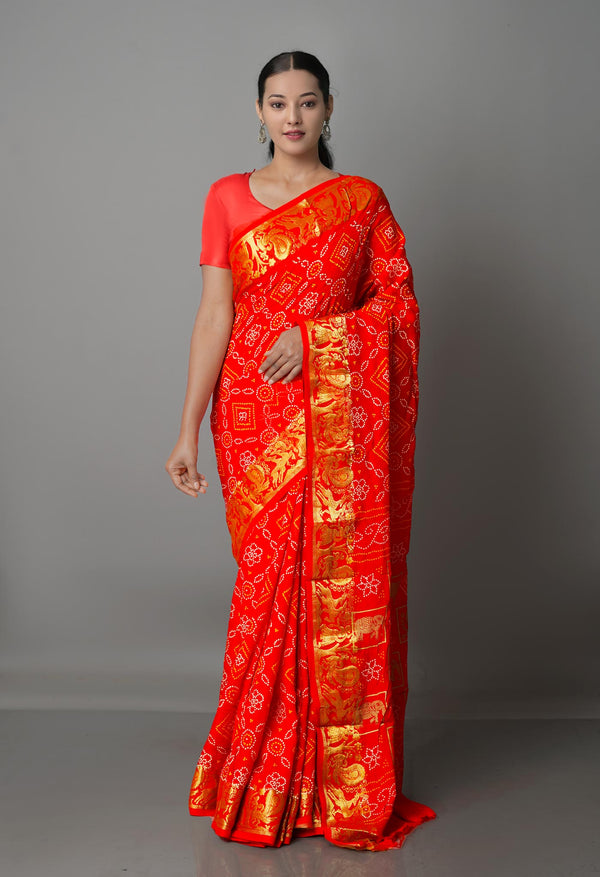 Red  Bandhani Silk Saree-UNM68442