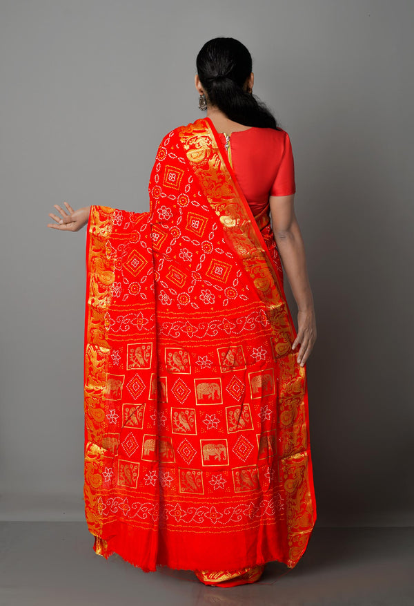 Red  Bandhani Silk Saree-UNM68442
