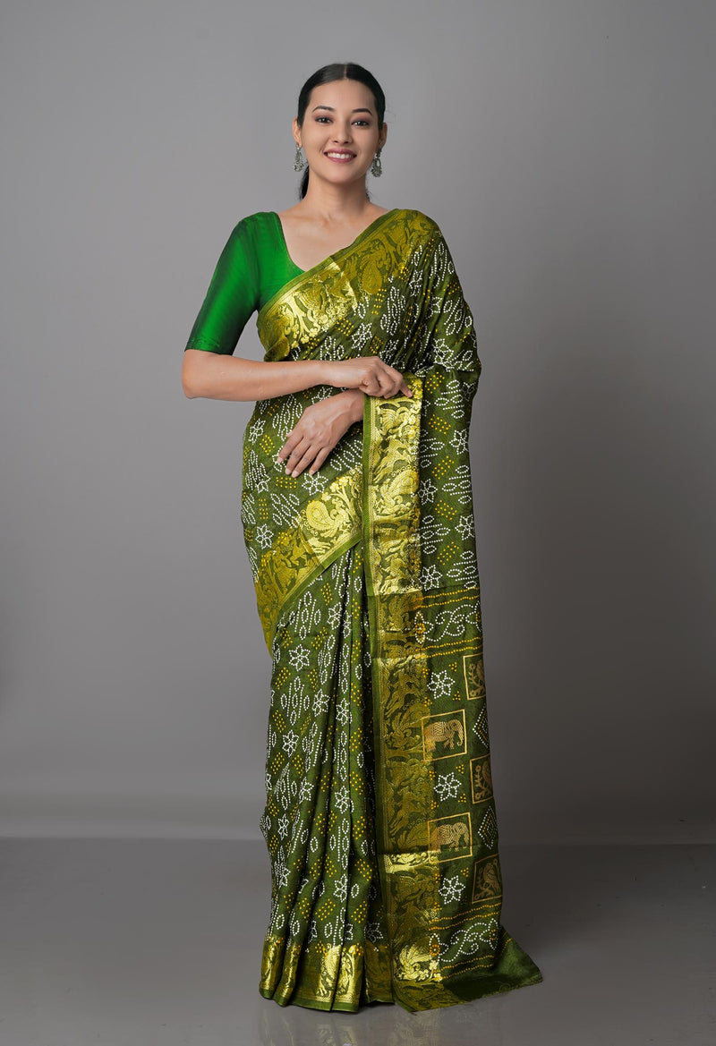 Olive Green  Bandhani Silk Saree-UNM68445