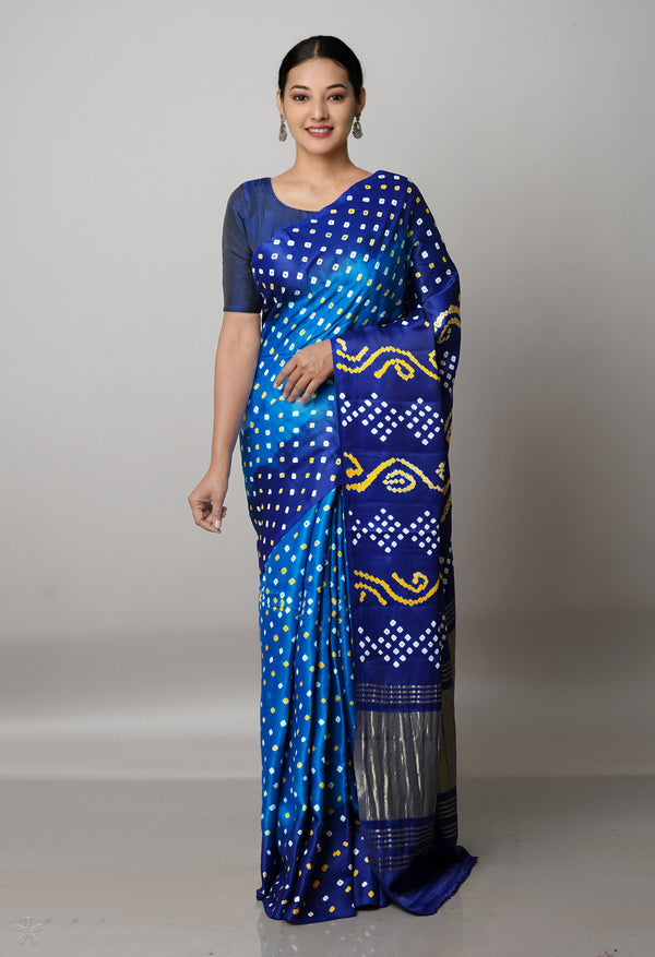 Peacock Blue  Bandhani Silk Saree-UNM68451