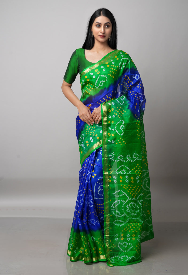 Violet-Parrot  Green Pure  Bandhani Silk Saree-UNM68474