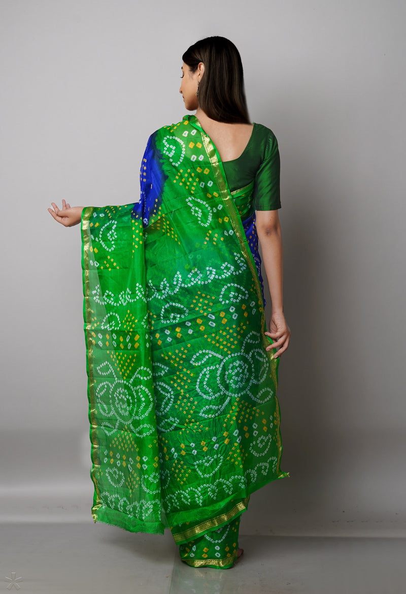 Violet-Parrot  Green Pure  Bandhani Silk Saree-UNM68474