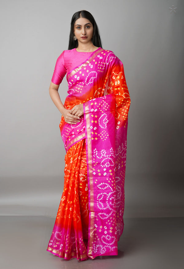 Orange-Pink Pure  Bandhani Silk Saree-UNM68475