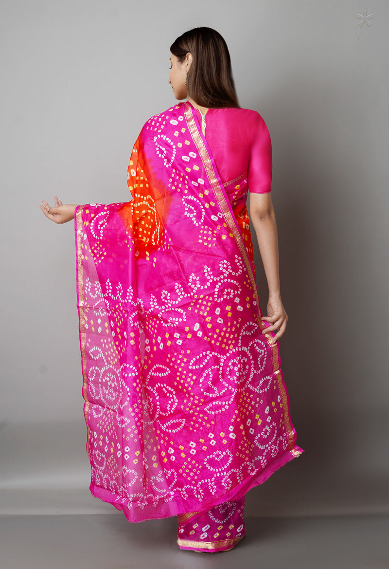 Orange-Pink Pure  Bandhani Silk Saree-UNM68475
