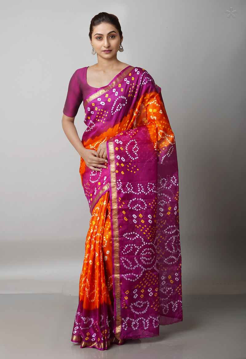 Orange-Purple Pure  Bandhani Silk Saree-UNM68478