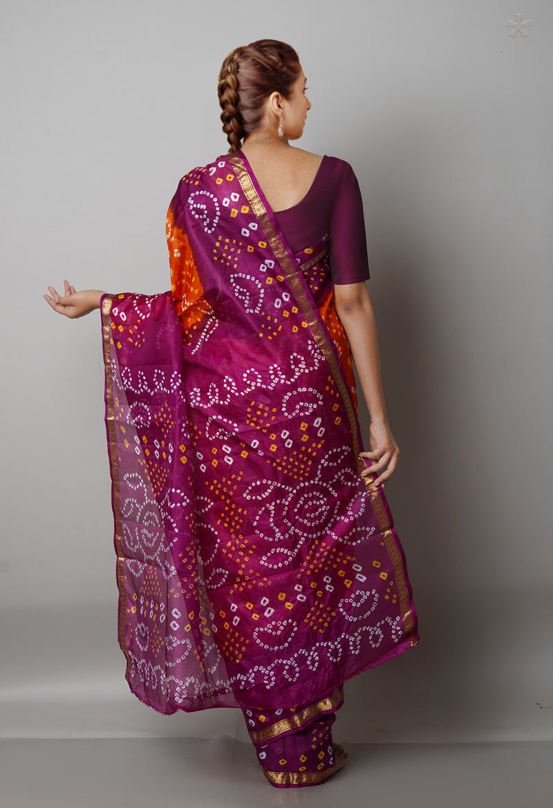 Orange-Purple Pure  Bandhani Silk Saree-UNM68478