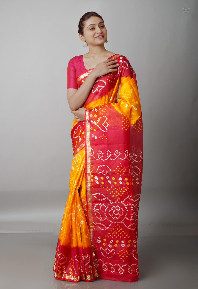 Mustard Yellow-Maroon Pure  Bandhani Silk Saree-UNM68480