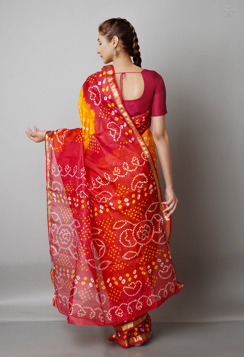 Mustard Yellow-Maroon Pure  Bandhani Silk Saree-UNM68480