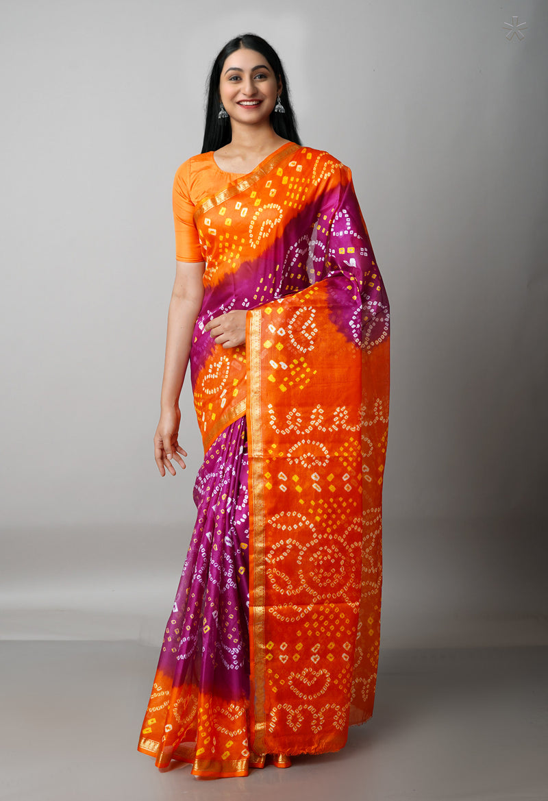 Purple-Orange Pure  Bandhani Silk Saree-UNM68481