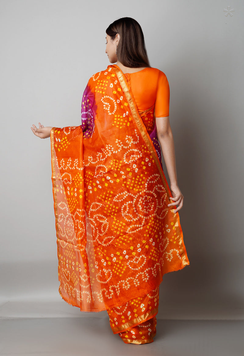 Purple-Orange Pure  Bandhani Silk Saree-UNM68481