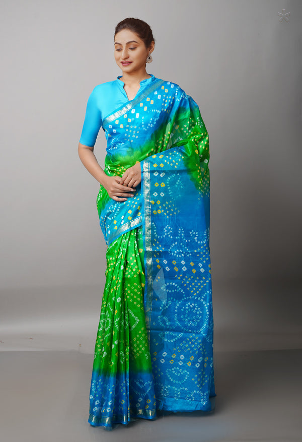 Parrot Green-Blue Pure  Bandhani Silk Saree-UNM68482