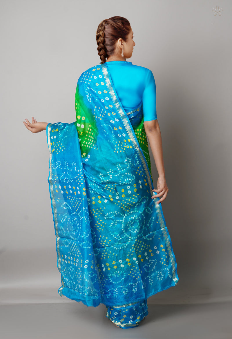 Parrot Green-Blue Pure  Bandhani Silk Saree-UNM68482