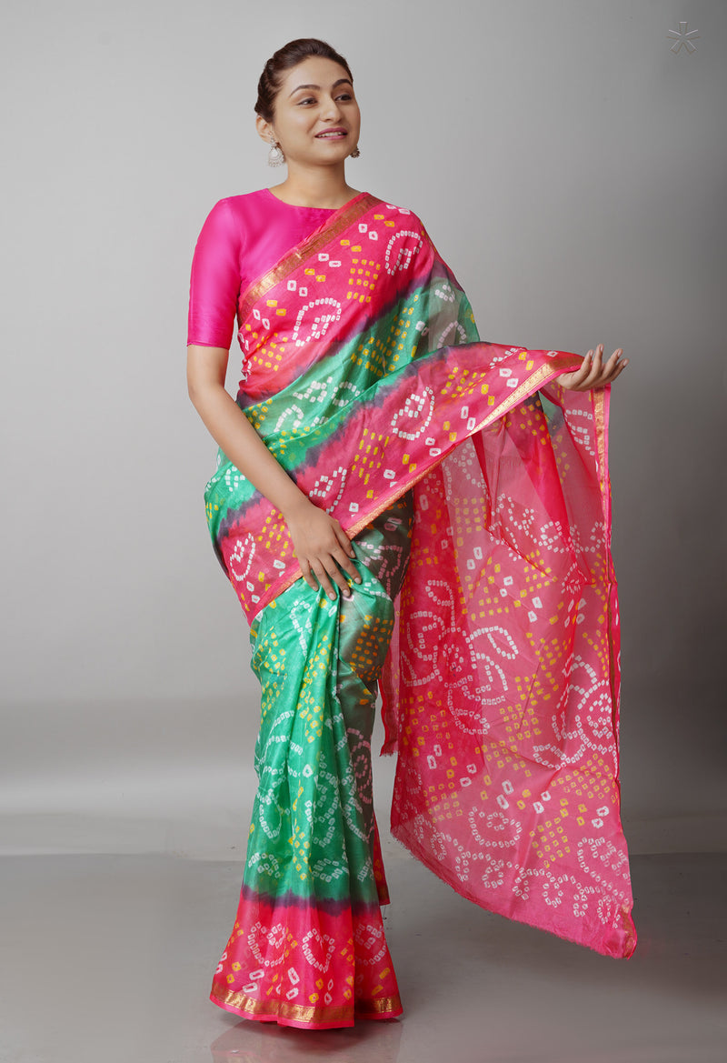 Pale GreenPeach Red Pure  Bandhani Silk Saree-UNM68484