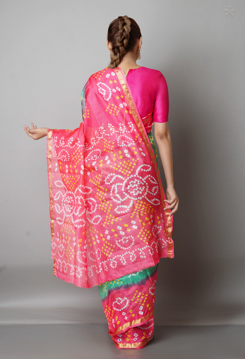 Pale GreenPeach Red Pure  Bandhani Silk Saree-UNM68484