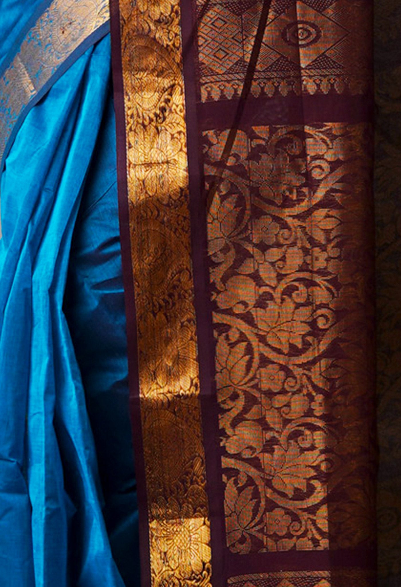 Olympic Blue-Dark Brown Pure Handloom Gadwal Mercerized Cotton Saree-UNM68524