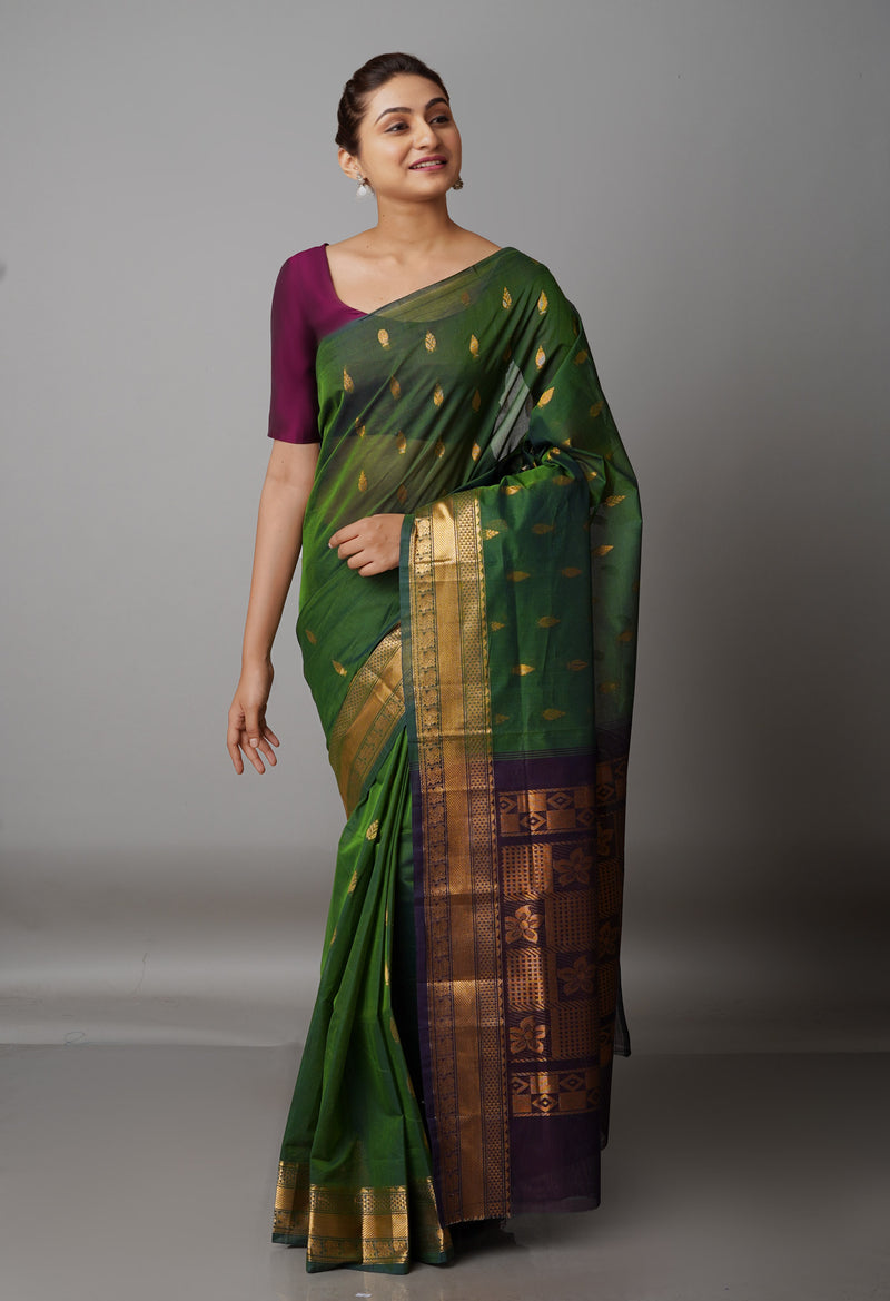 Basil Green-Dark Brown Pure Handloom Gadwal Mercerized Cotton Saree-UNM68545