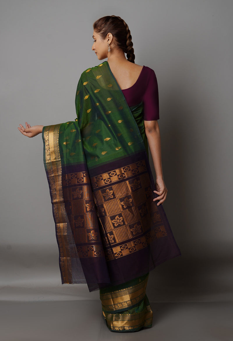 Basil Green-Dark Brown Pure Handloom Gadwal Mercerized Cotton Saree-UNM68545
