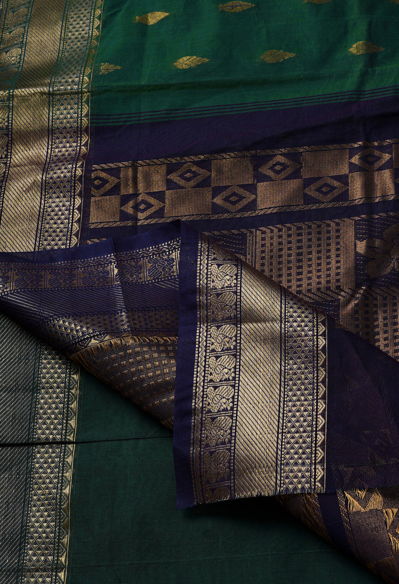 Basil Green-Dark Brown Pure Handloom Gadwal Mercerized Cotton Saree-UNM68545