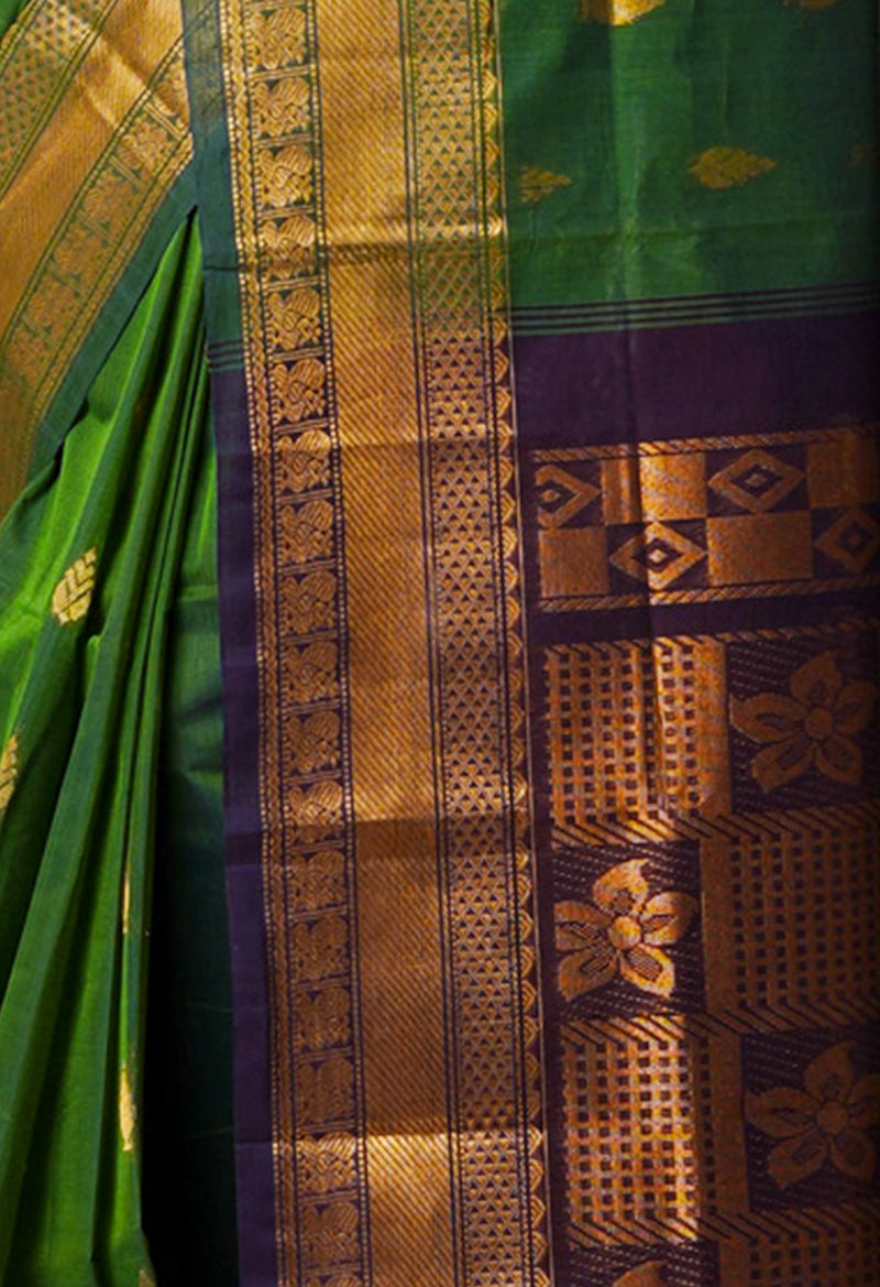 Basil Green-Dark Brown Pure Handloom Gadwal Mercerized Cotton Saree-UNM68545