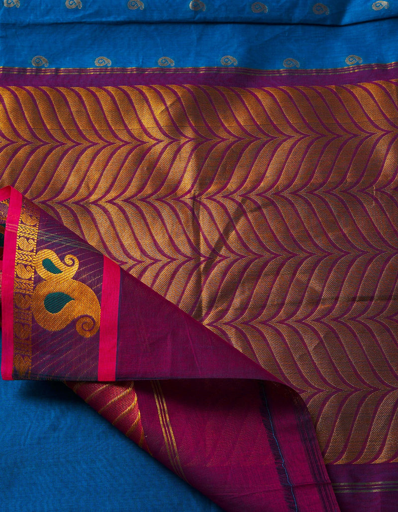 Peacock Blue Pure Handloom Gadwal Mercerized Cotton Saree-UNM68551