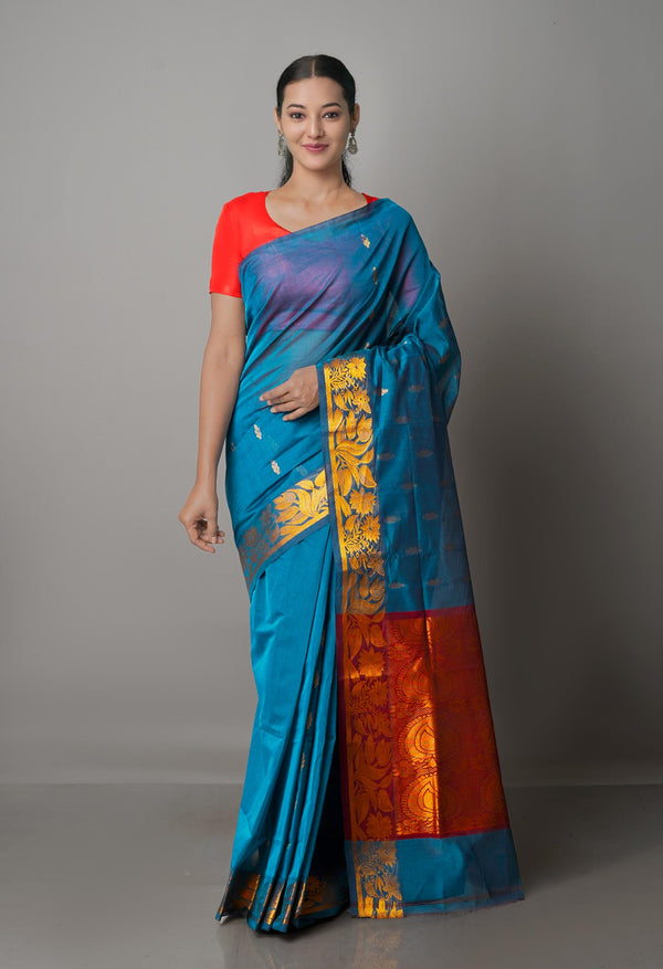 Peacock Green Pure Handloom Gadwal Mercerized Cotton Saree-UNM68559