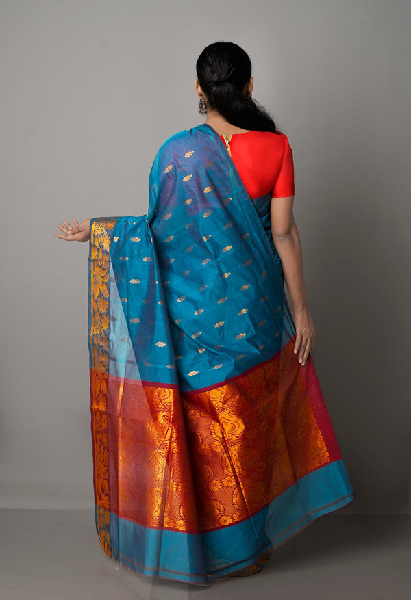 Peacock Green Pure Handloom Gadwal Mercerized Cotton Saree-UNM68559