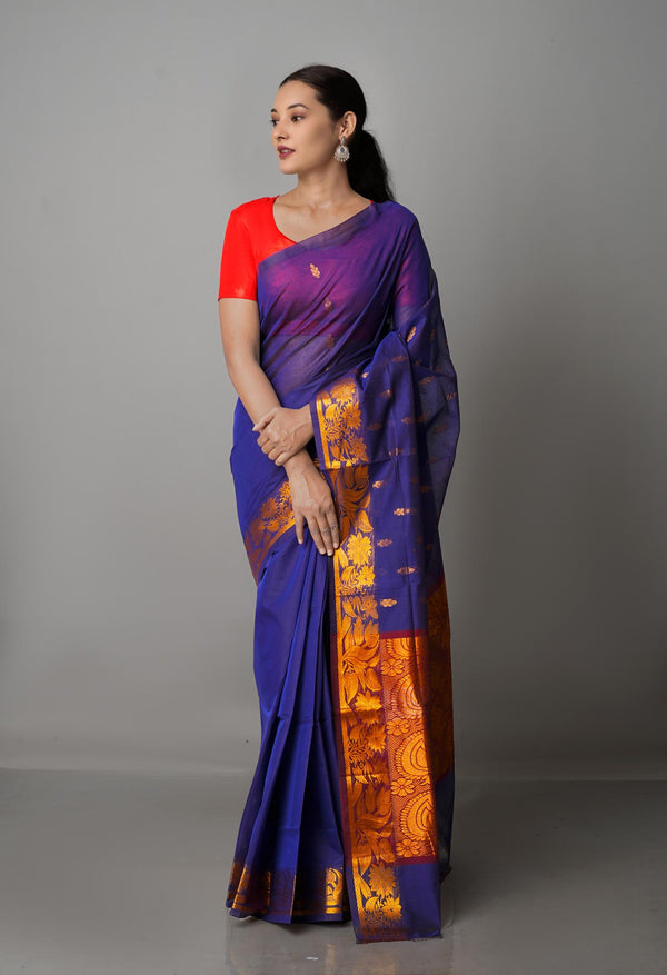 Navy Blue Pure Handloom Gadwal Mercerized Cotton Saree-UNM68561