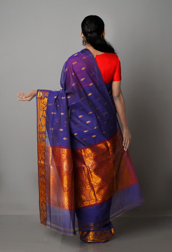Navy Blue Pure Handloom Gadwal Mercerized Cotton Saree-UNM68561