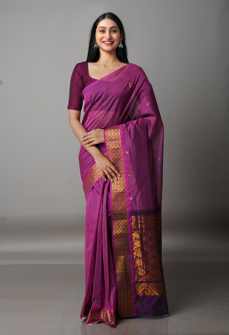 Pale Fuchsia Pink Pure Handloom Gadwal Mercerized Cotton Saree-UNM68575