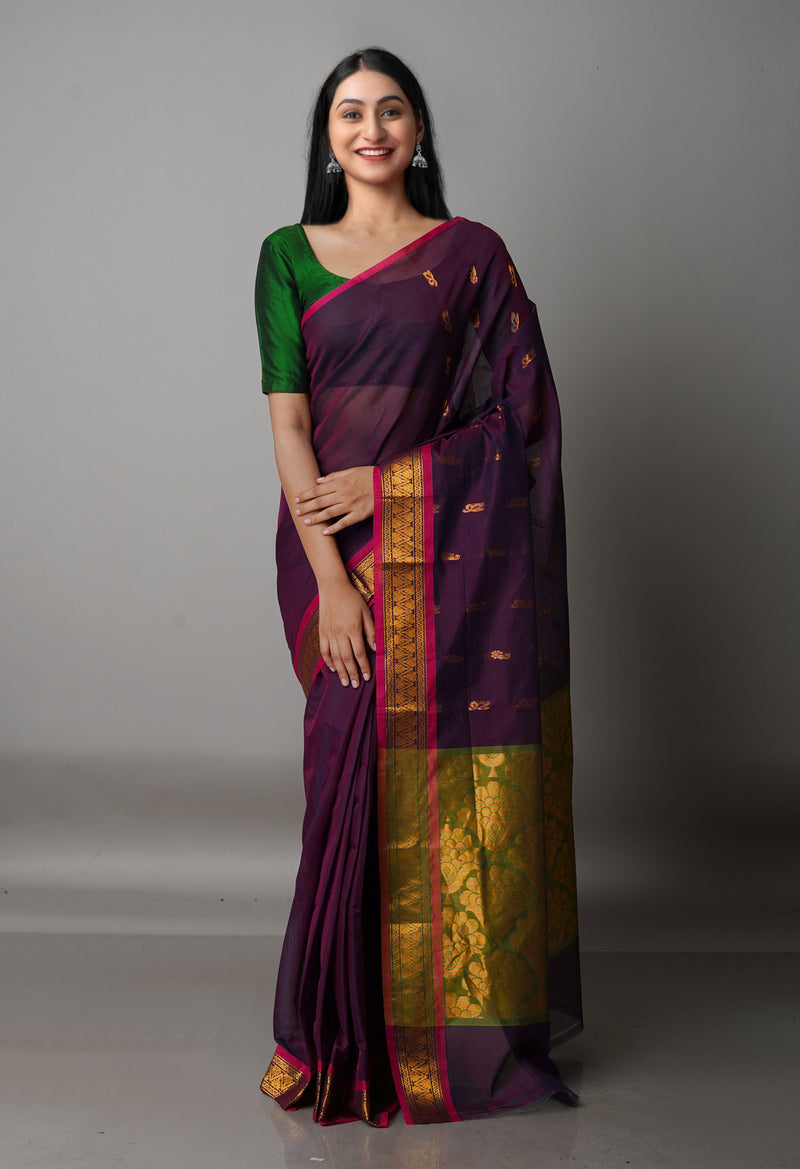 Dark Purple Pure Handloom Gadwal Mercerized Cotton Saree-UNM68582
