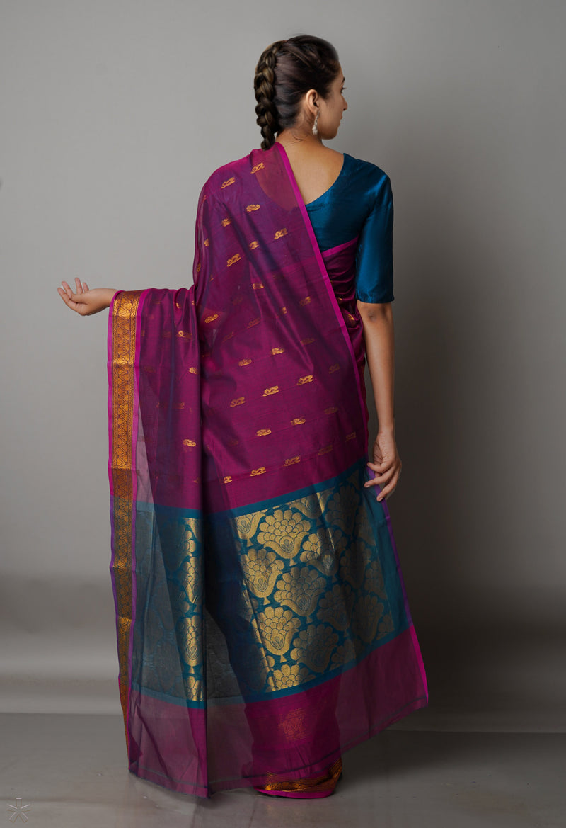 Dark Cornflower Pink Pure Handloom Gadwal Mercerized Cotton Saree-UNM68584
