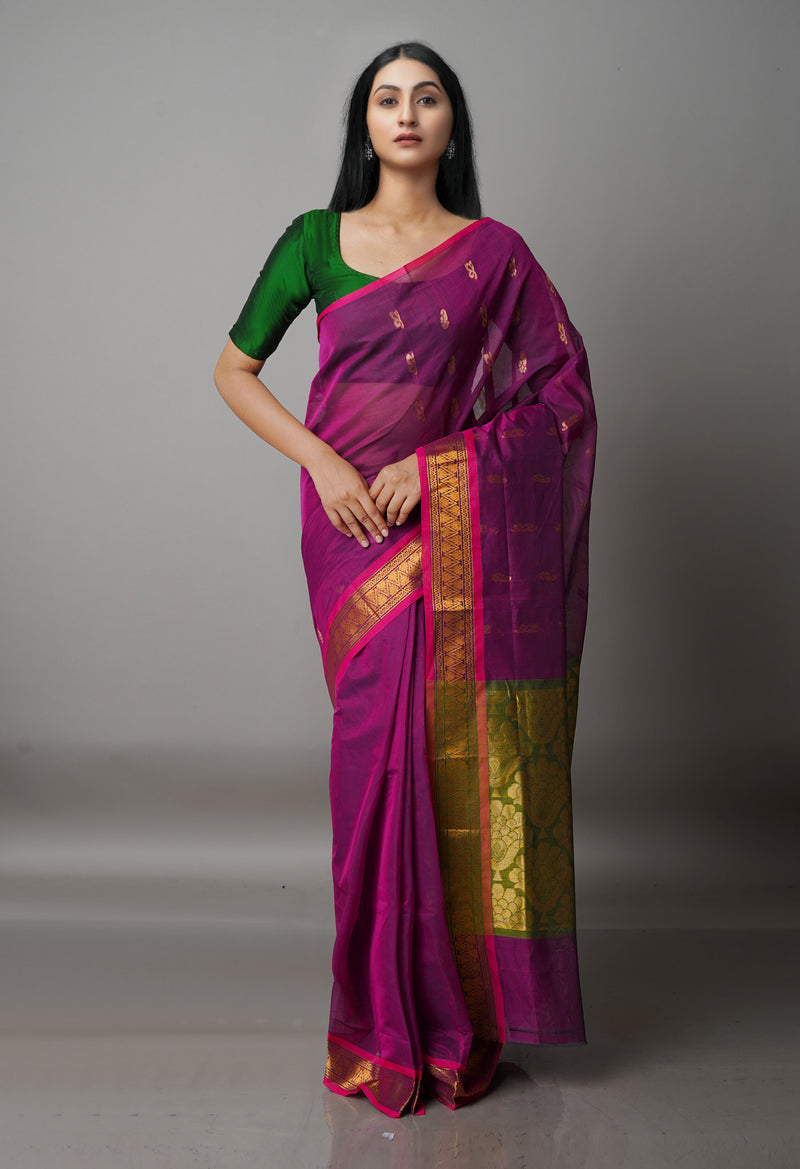 Fuchsia Pink Pure Handloom Gadwal Mercerized Cotton Saree-UNM68586