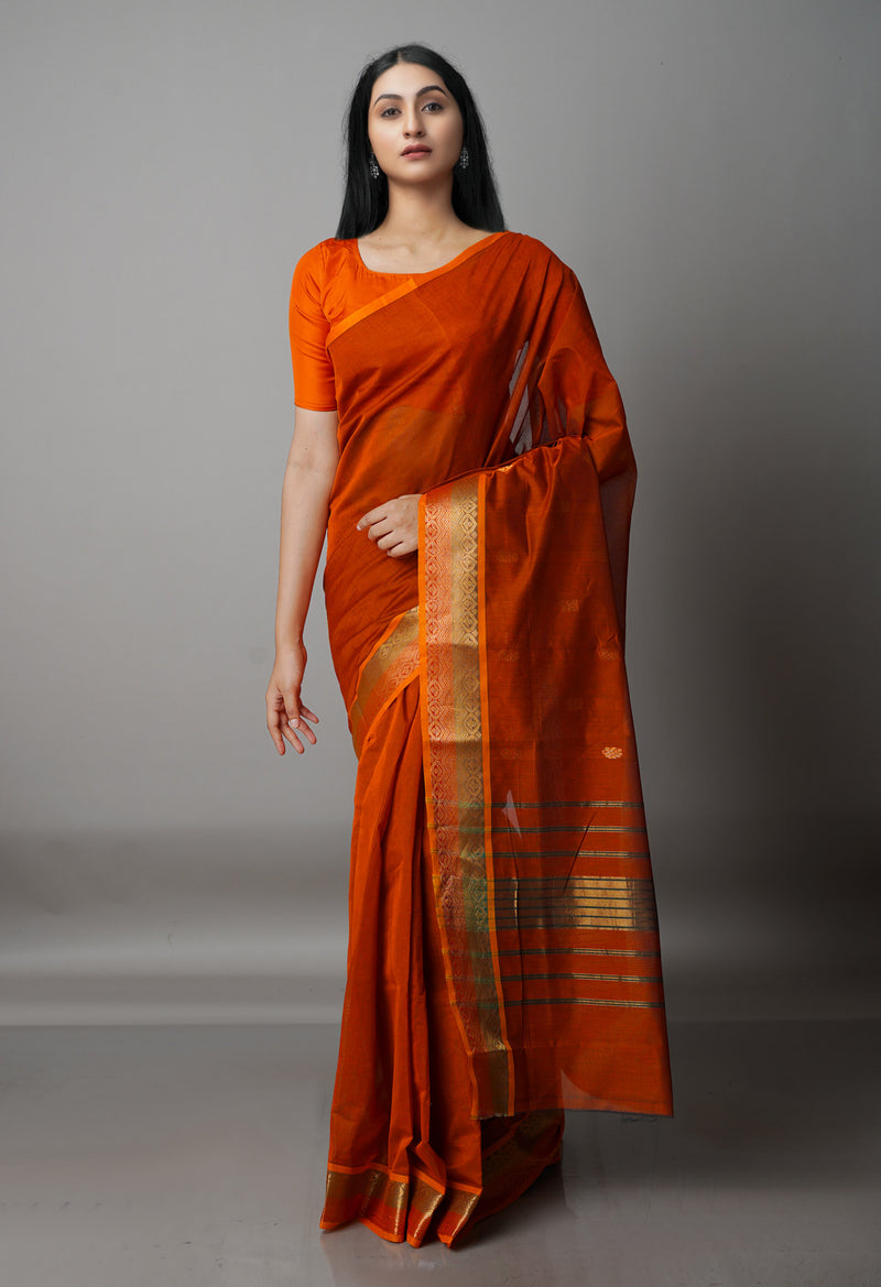 Burnt Orange Pure Handloom Gadwal Mercerized Cotton Saree-UNM68595