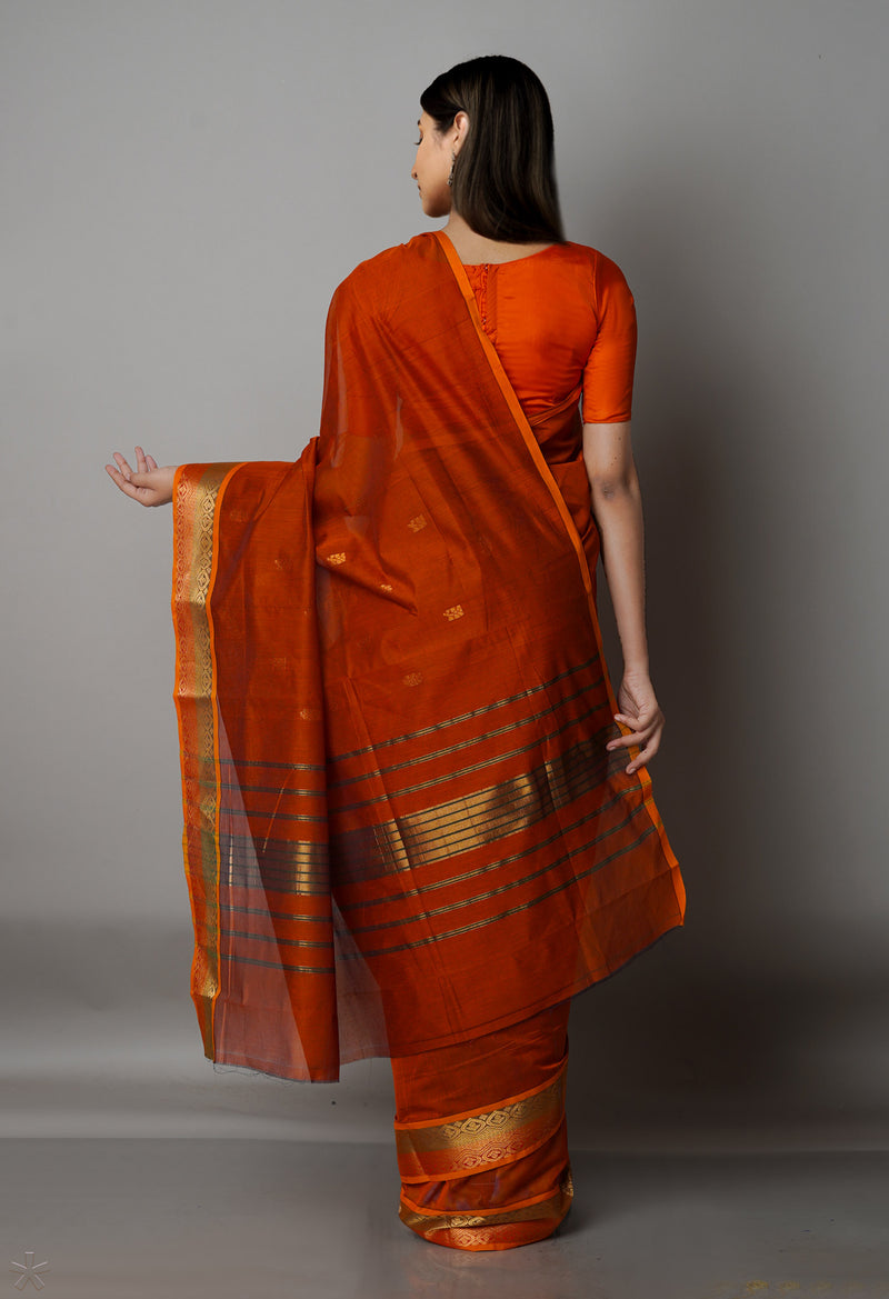 Burnt Orange Pure Handloom Gadwal Mercerized Cotton Saree-UNM68595