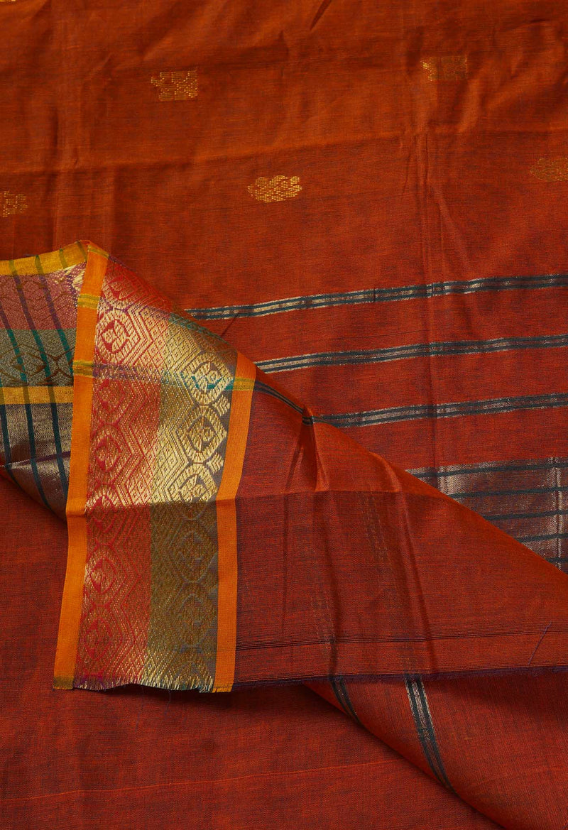 Burnt Orange Pure Handloom Gadwal Mercerized Cotton Saree-UNM68595