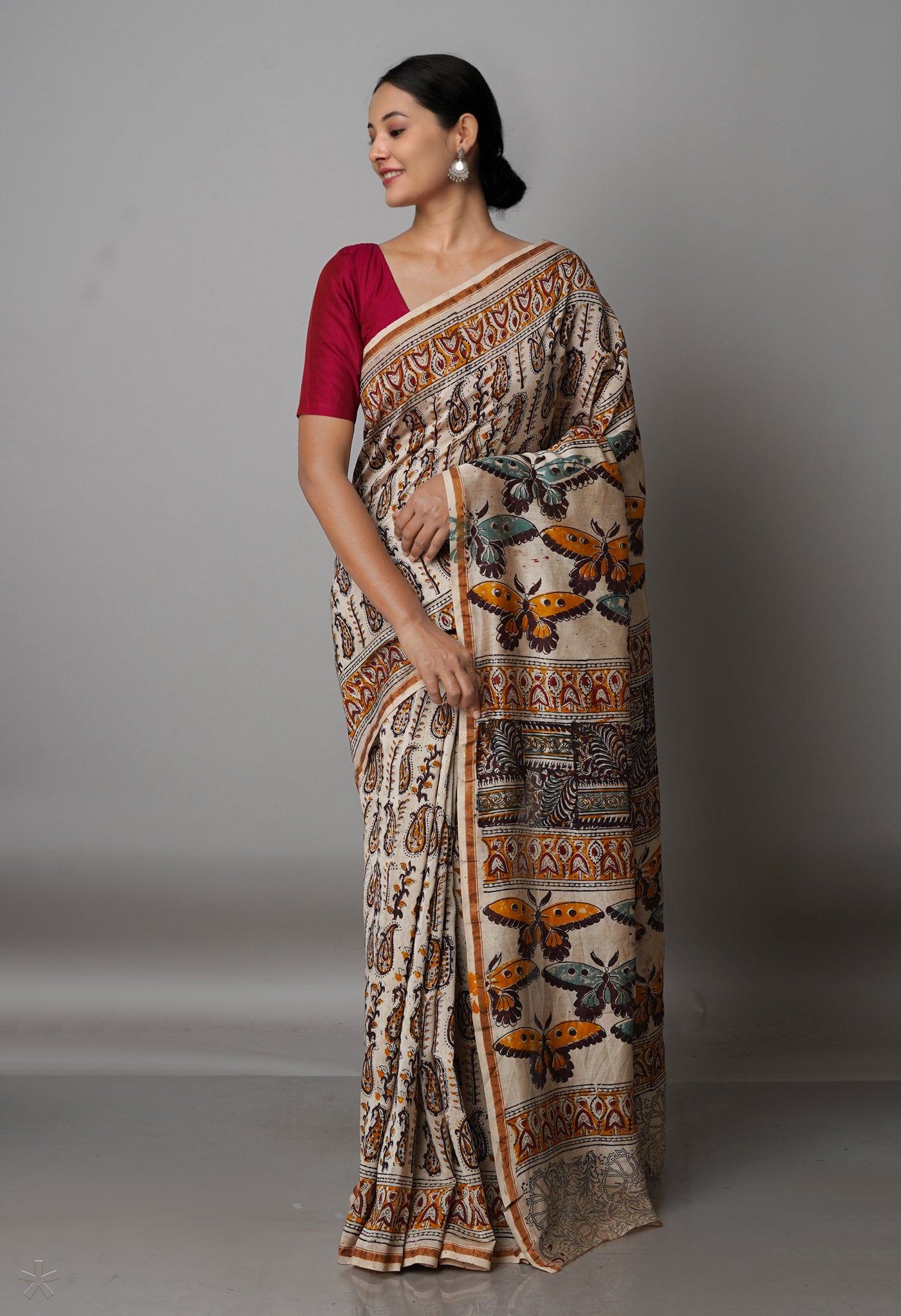 Cream Pure Chanderi Kalamkari Printed Sico Saree-UNM68598