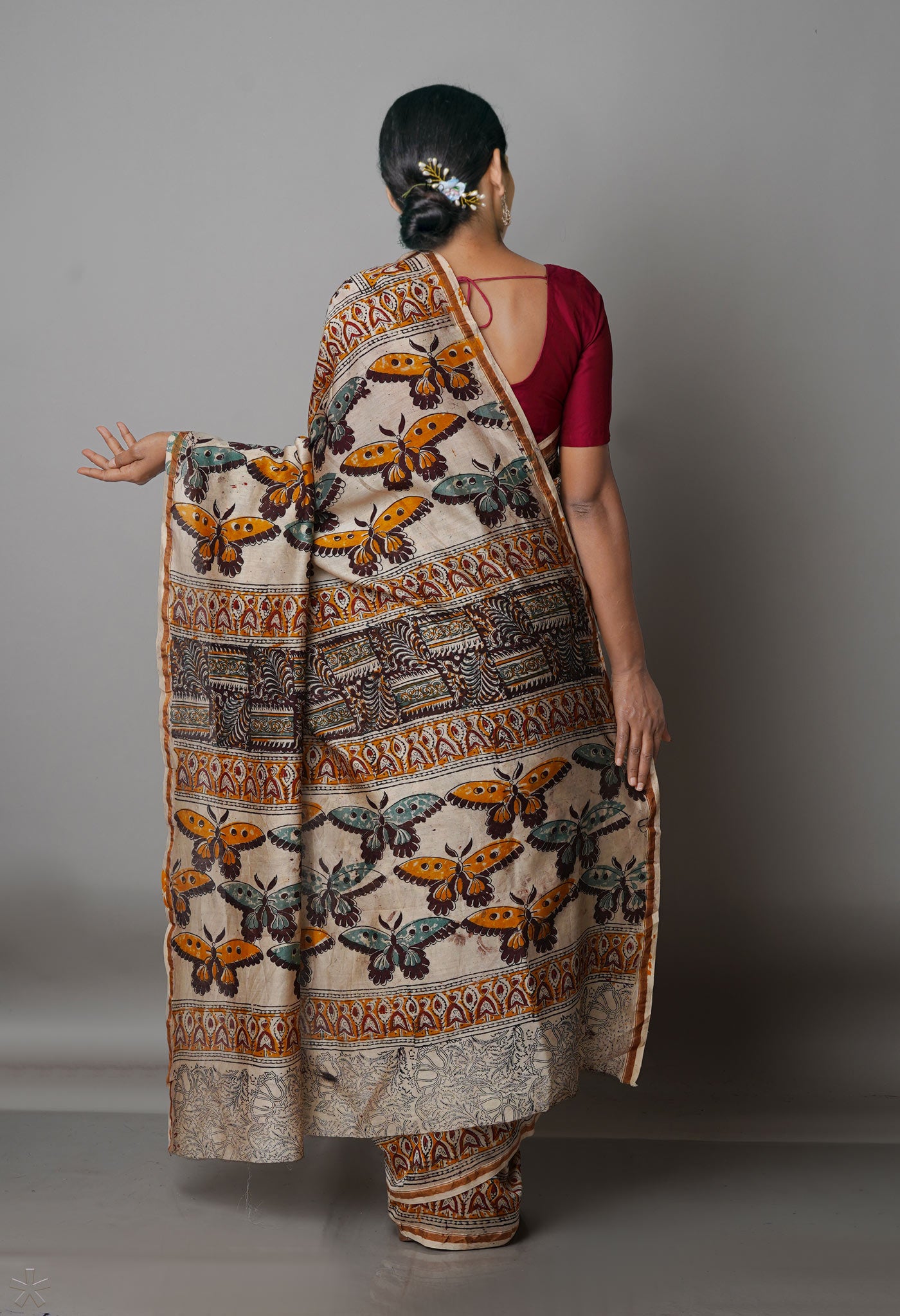 Cream Pure Chanderi Kalamkari Printed Sico Saree-UNM68598