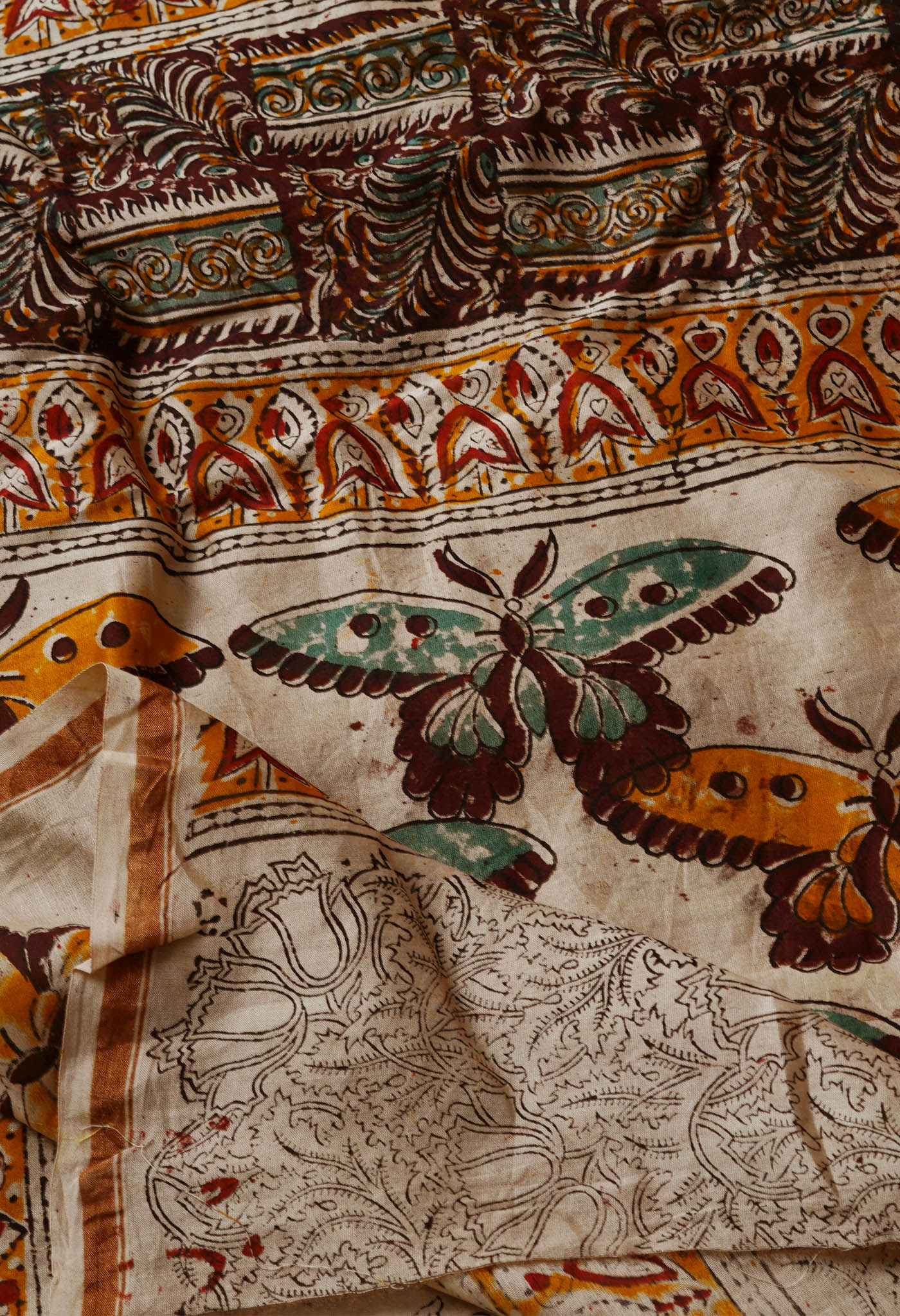 Cream Pure Chanderi Kalamkari Printed Sico Saree-UNM68598