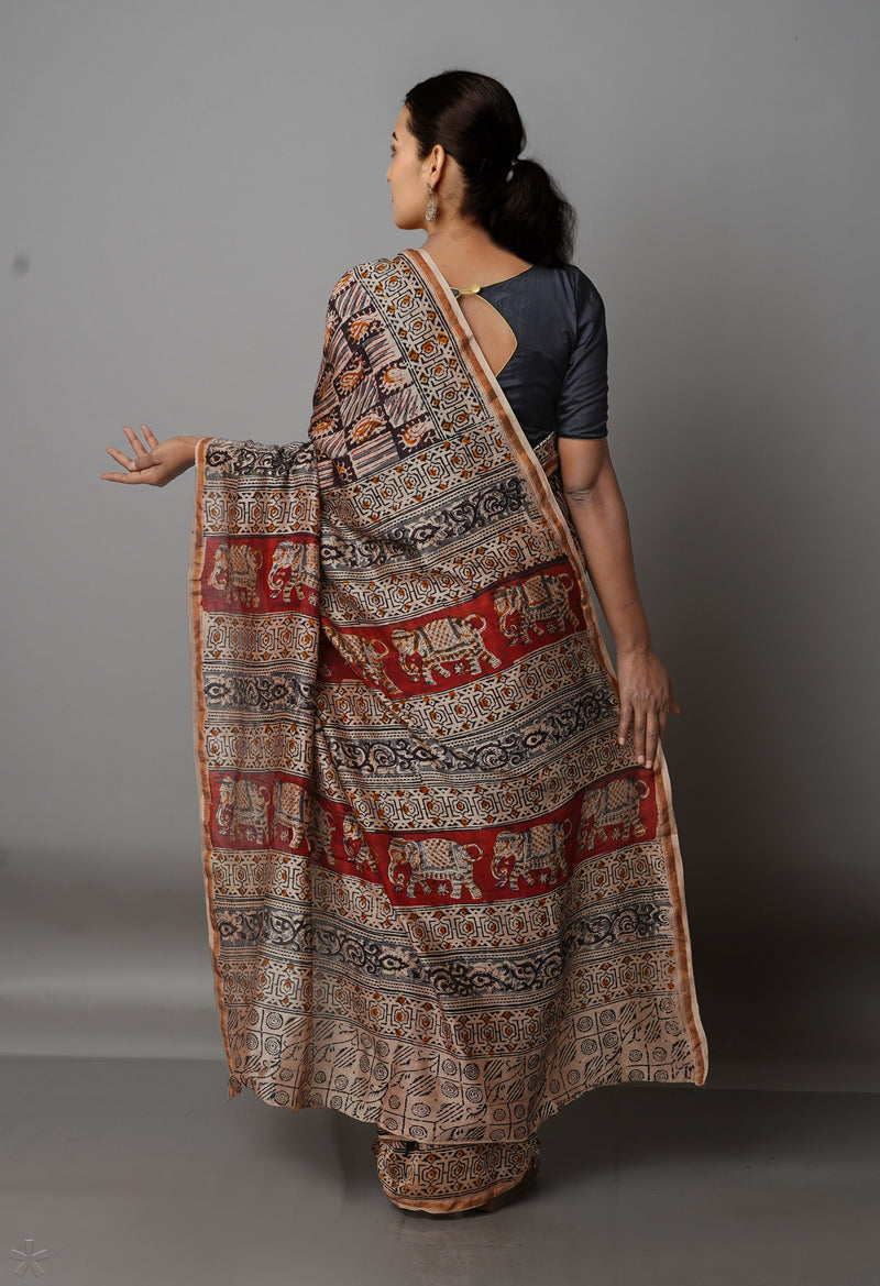 Multi Pure Chanderi Kalamkari Printed Sico Saree-UNM68601