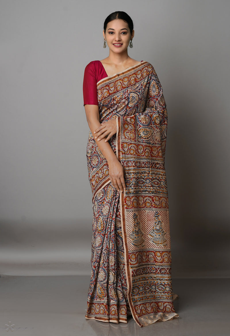 Multi Pure Chanderi Kalamkari Printed Sico Saree-UNM68604