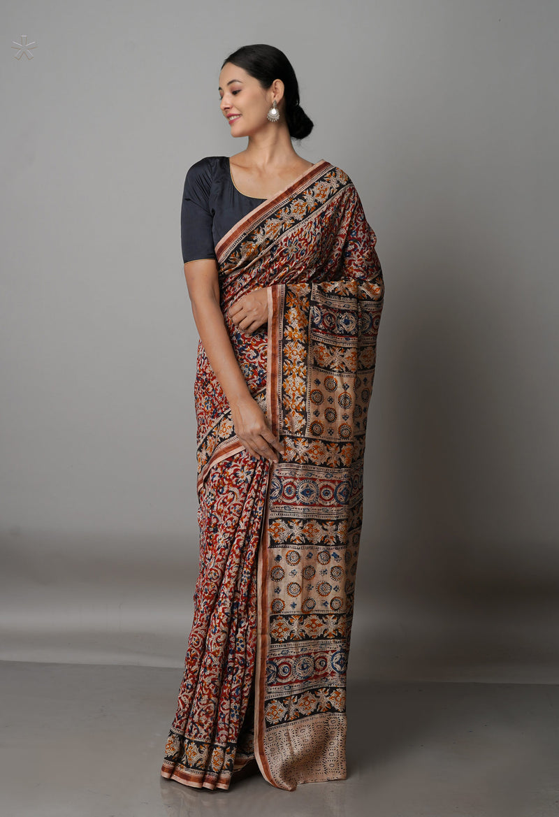 Multi Pure Chanderi Kalamkari Printed Sico Saree-UNM68605