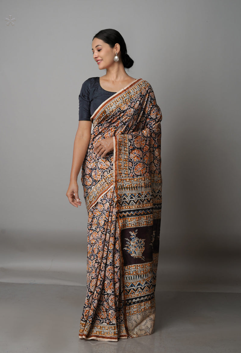 Multi Pure Chanderi Kalamkari Printed Sico Saree-UNM68608