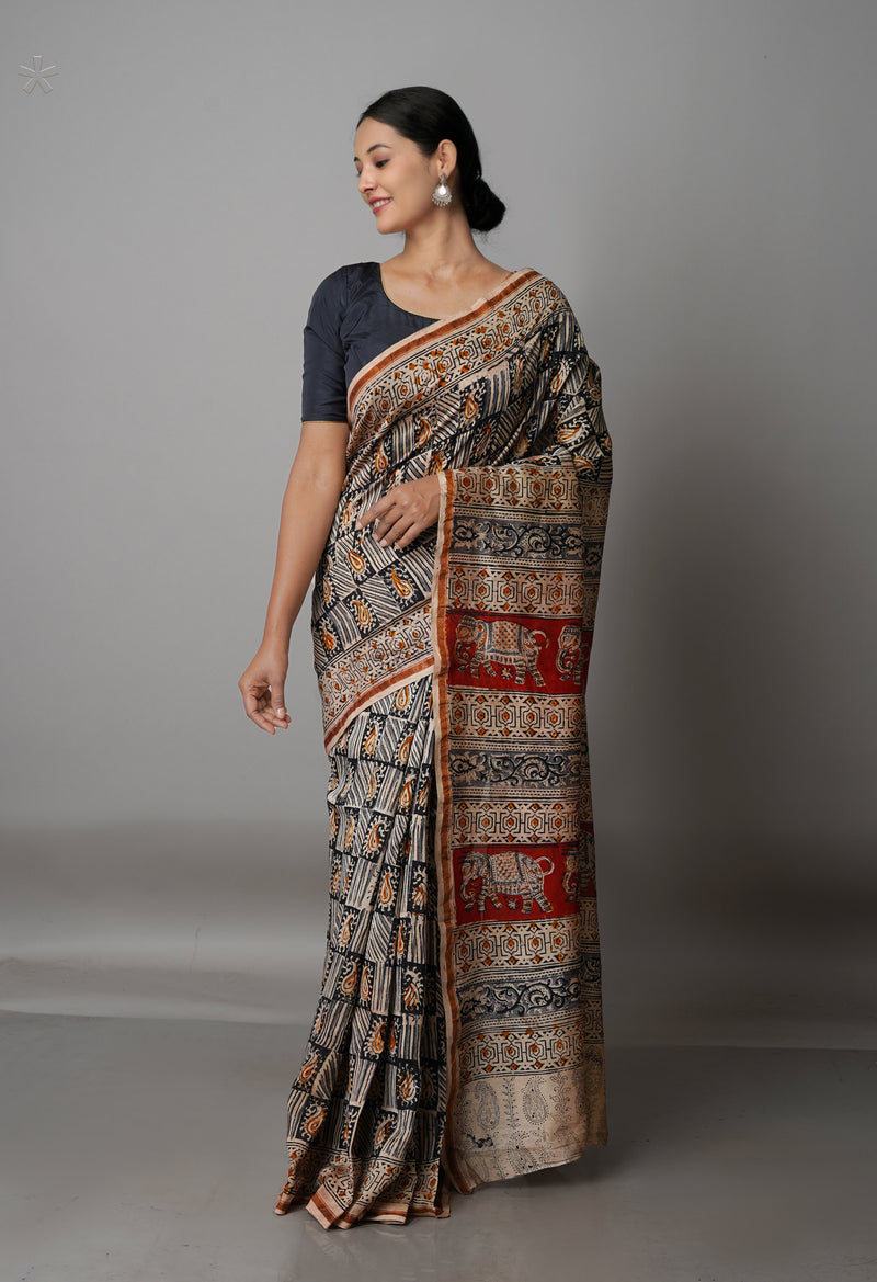 Multi Pure Chanderi Kalamkari Printed Sico Saree-UNM68609